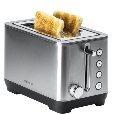 Torradeira metálica prateada com duas fatias de pão tostado