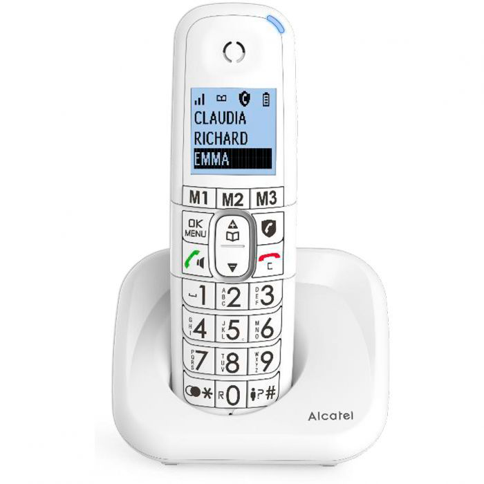 Telefone fixo Alcatel branco com ecrã azul e teclas grandes em carregador branco