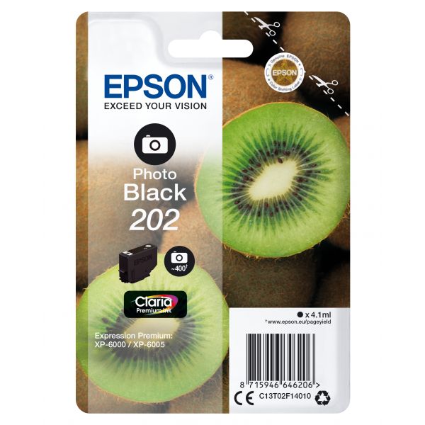 Embalagem de tinteiro Epson Photo Black 202 com imagem de kiwis