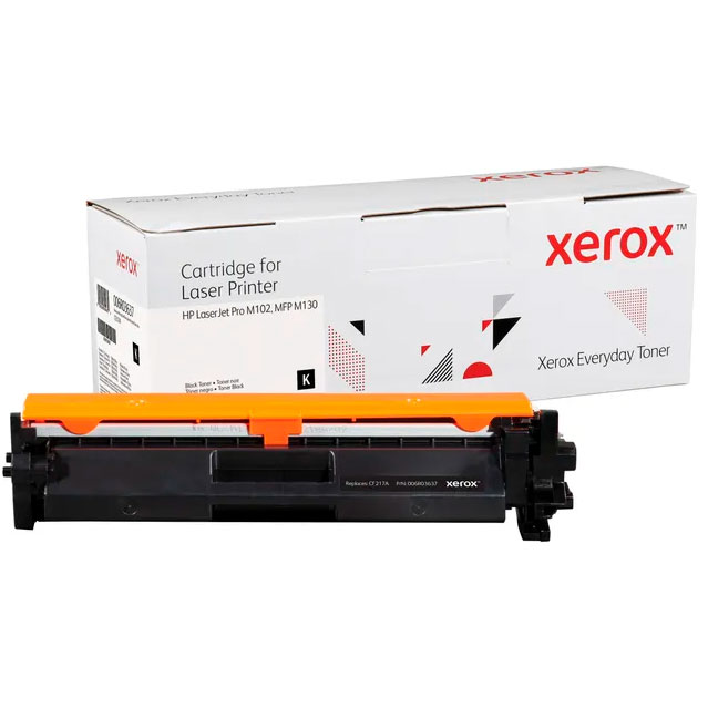 Cartucho de toner preto para impressora laser Xerox com embalagem branca e detalhes em vermelho