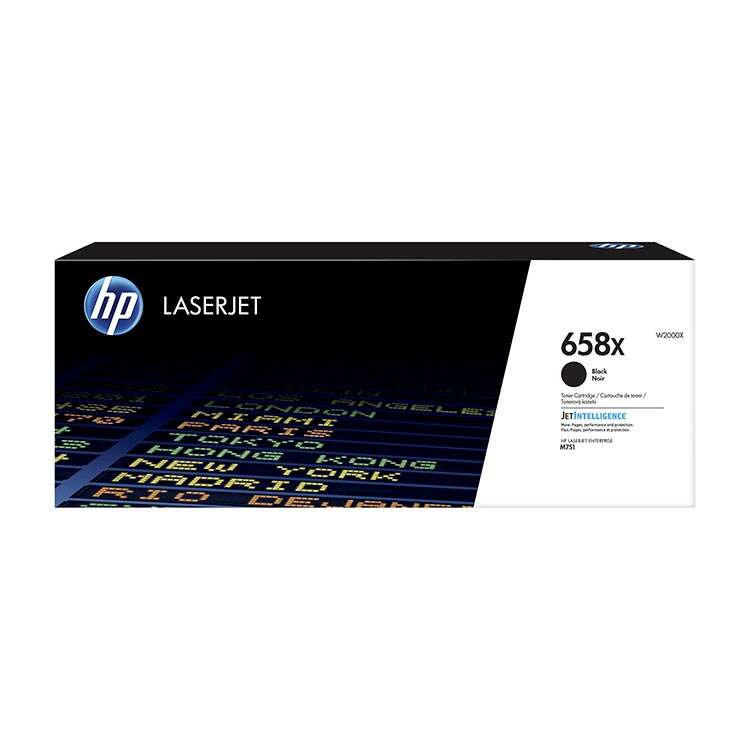 Caixa de toner HP LaserJet 658X preto com texto e design colorido