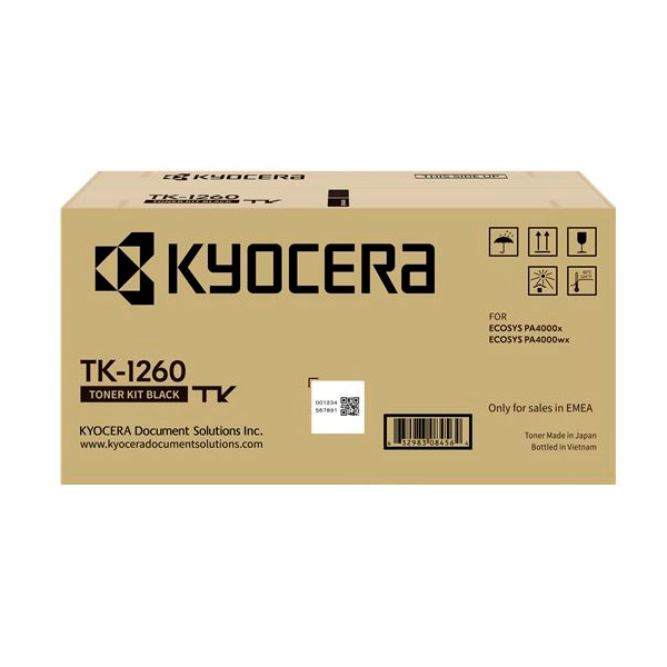 Embalagem de toner Kyocera TK-1260 preta em caixa de papelão castanho