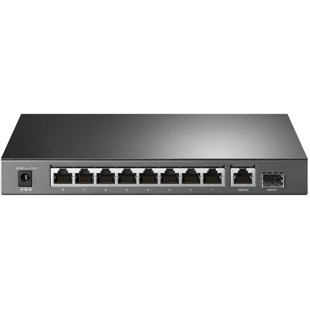 Switch de rede cinzento com 8 portas RJ-45 e duas portas uplink