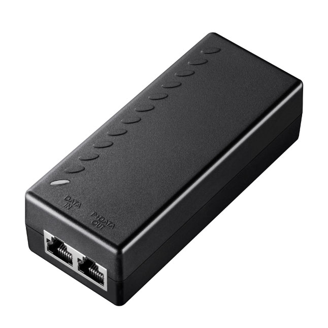 Dispositivo preto retangular com portas RJ45 e etiquetas DATA IN e DATA OUT