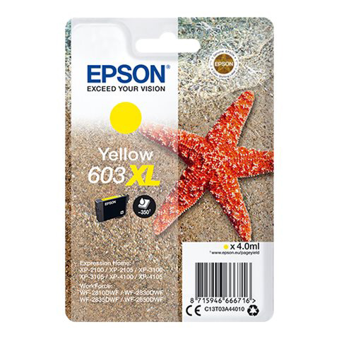 Cartucho de tinta amarelo Epson 603 XL em embalagem com estrela-do-mar