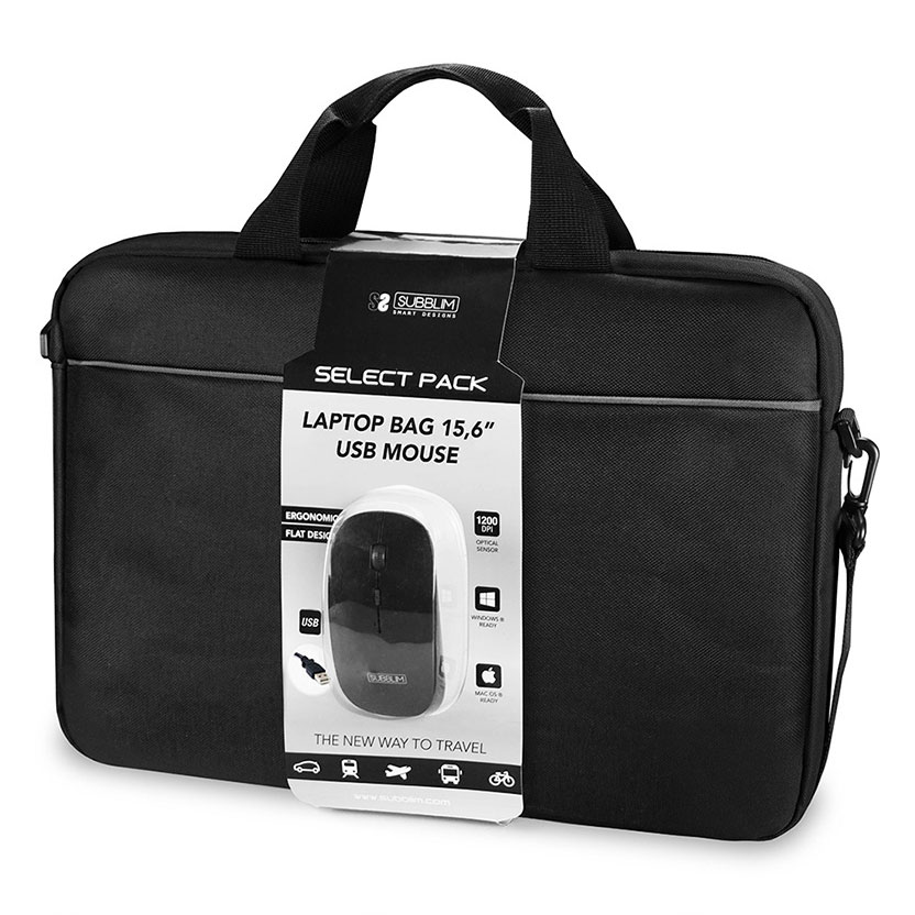 Bolsa preta para portátil acompanhada de rato USB com etiqueta informativa