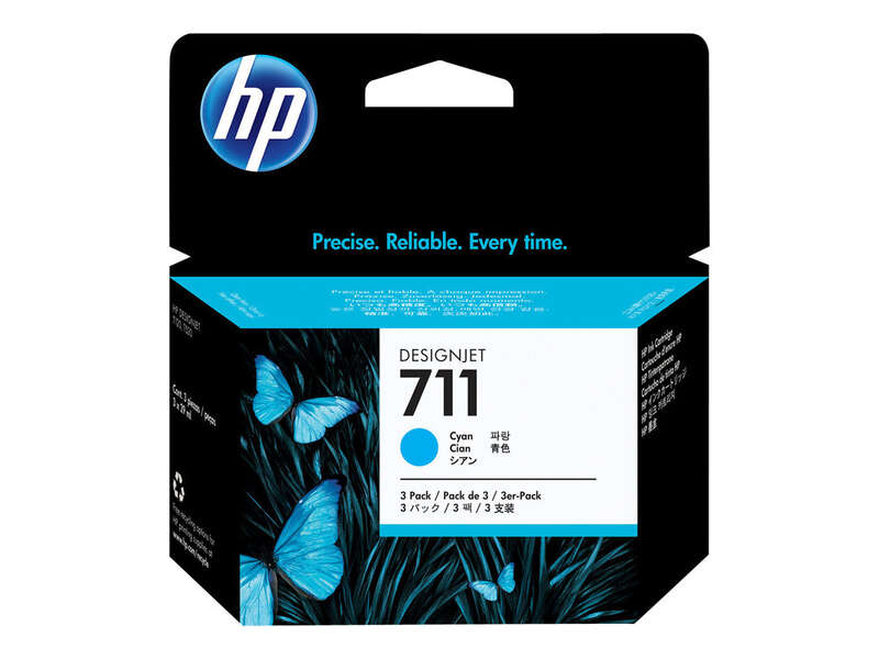 Caixa de tinta HP DesignJet 711 ciano com imagem de borboletas azuis