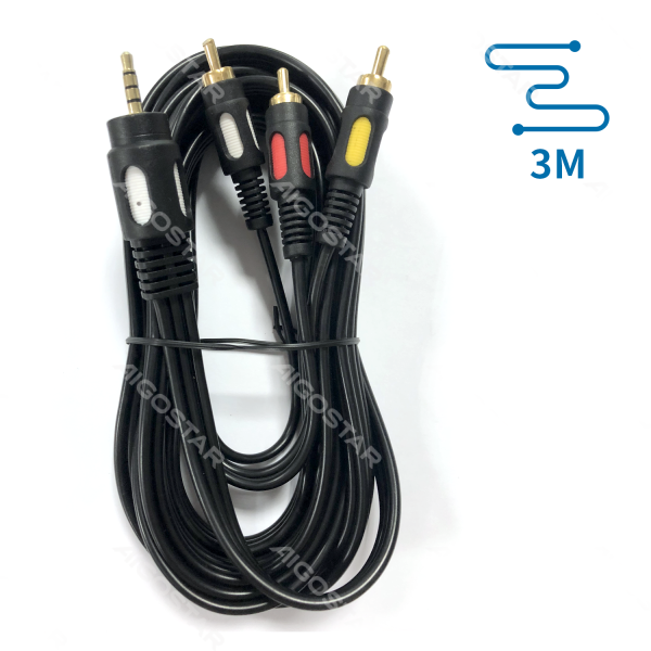 Cabo áudio vídeo preto com conectores RCA e jack 3,5 mm, 3 metros