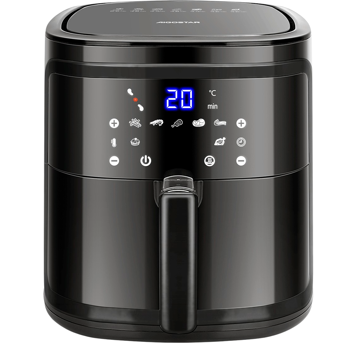 fritadeira elétrica preta da marca Aigostar com painel digital e botões de controle