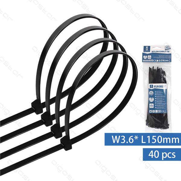 Braçadeiras de nylon pretas embaladas com etiqueta azul e branca