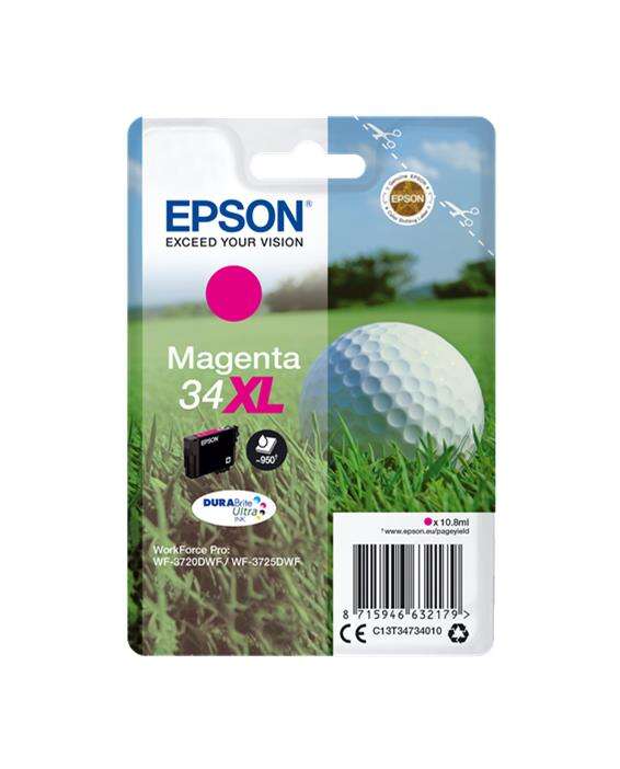 Embalagem de tinta magenta Epson 34 XL com imagem de bola de golfe na relva