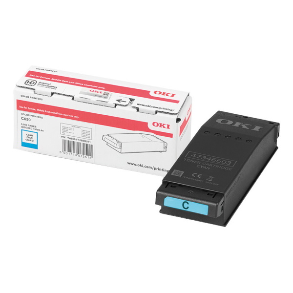 Cartucho de toner cyan OKI com embalagem branca e detalhes vermelhos e pretos