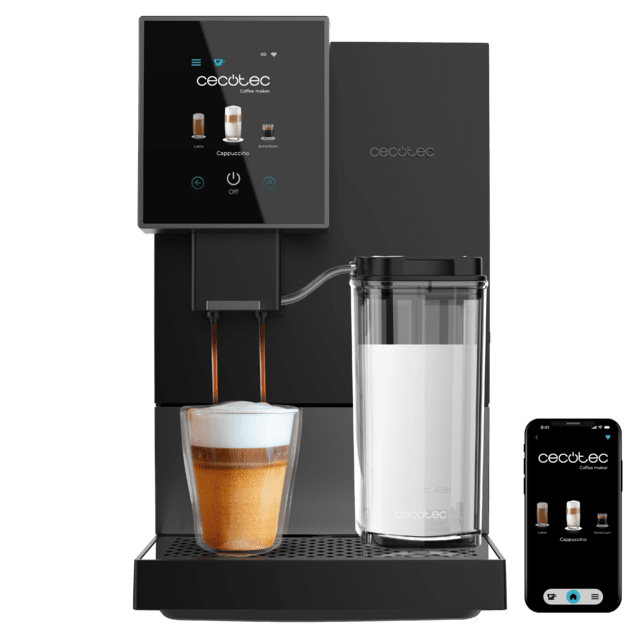 Máquina de café Cecotec preta com ecrã digital e smartphone ao lado