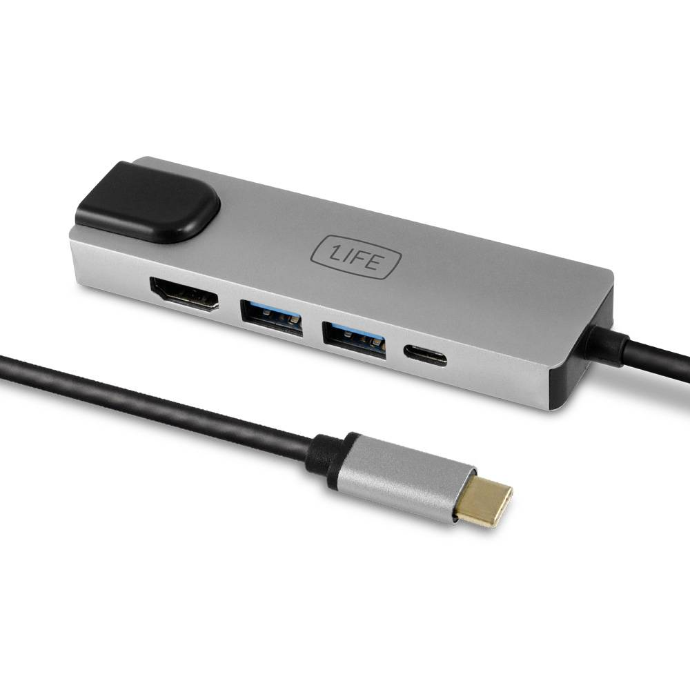 Hub USB prateado com portas HDMI, USB 3.0 e USB-C e cabo USB-C preto