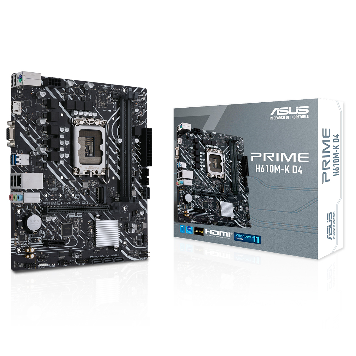 Placa-mãe ASUS PRIME H610M-K D4 e sua caixa cinza correspondente