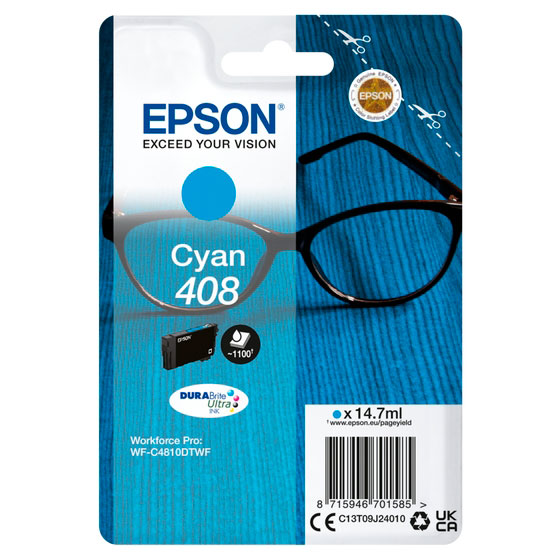 Embalagem de cartucho de tinta Epson Cyan 408 azul para impressora Workforce Pro