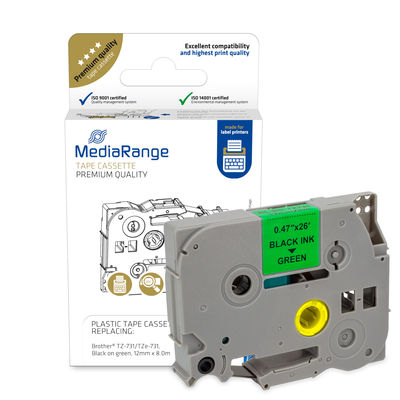 Cassete de fita plástica cinzenta com etiqueta verde e embalagem MediaRange