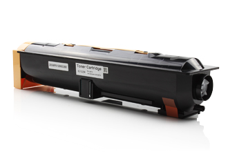 Cartucho de toner preto para impressora com detalhes laranja sobre fundo branco