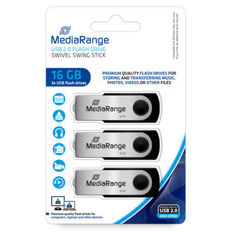 Embalagem com três pen drives USB 2.0 MediaRange 16 GB em branco e preto