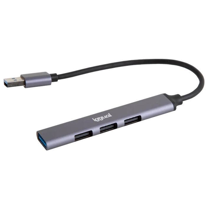 Hub USB cinza com três portas tipo A, cabo curto e marca iggual