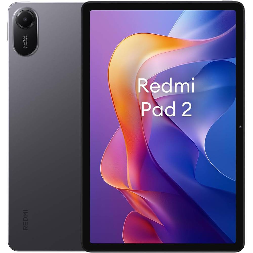 Tablet Redmi Pad 2 cinza escuro com câmara e ecrã ligado