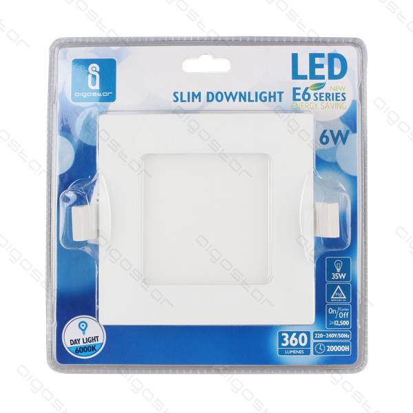 Luz LED embutida quadrada branca 6W em embalagem azul e transparente