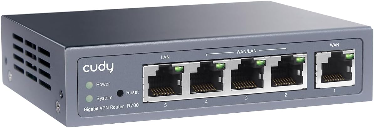 Roteador cinza cudy Gigabit VPN R700 com várias portas Ethernet e luzes indicadoras verdes