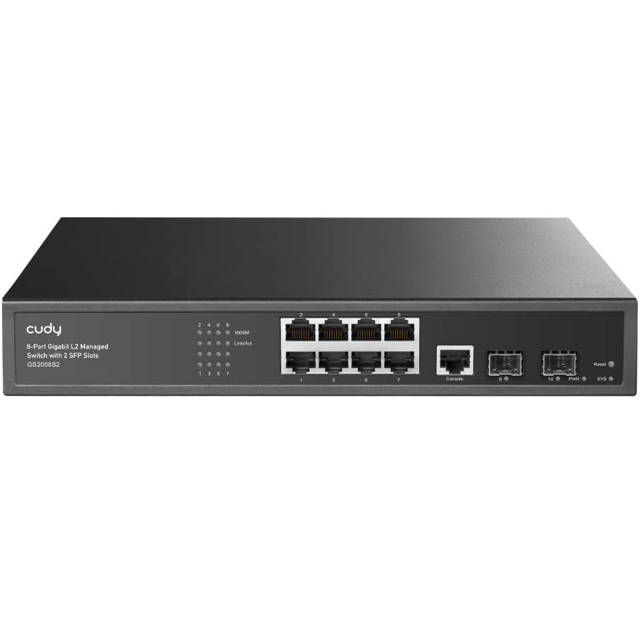 Comutador de rede preto Cudy com 8 portas e 2 ranhuras SFP