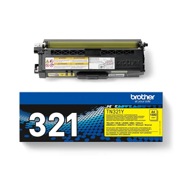 Cartucho toner Brother TN321Y amarelo com caixa azul, preta e amarela