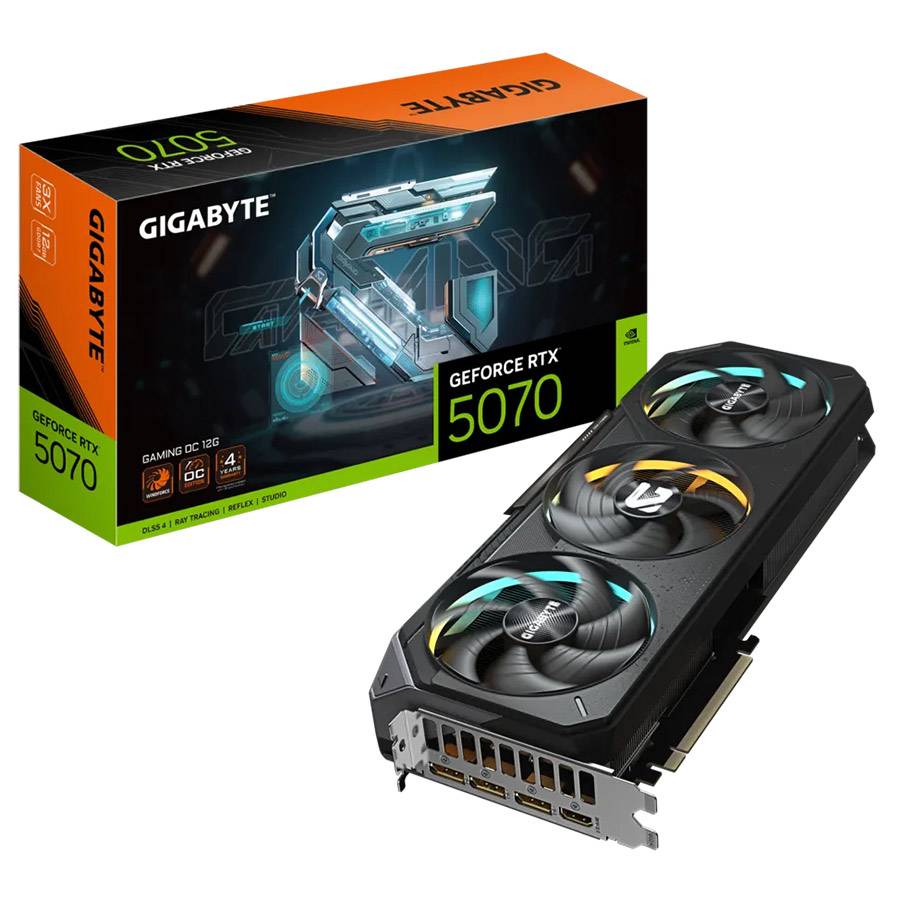 Placa gráfica Gigabyte GeForce RTX 5070 com 3 ventoinhas e caixa da embalagem