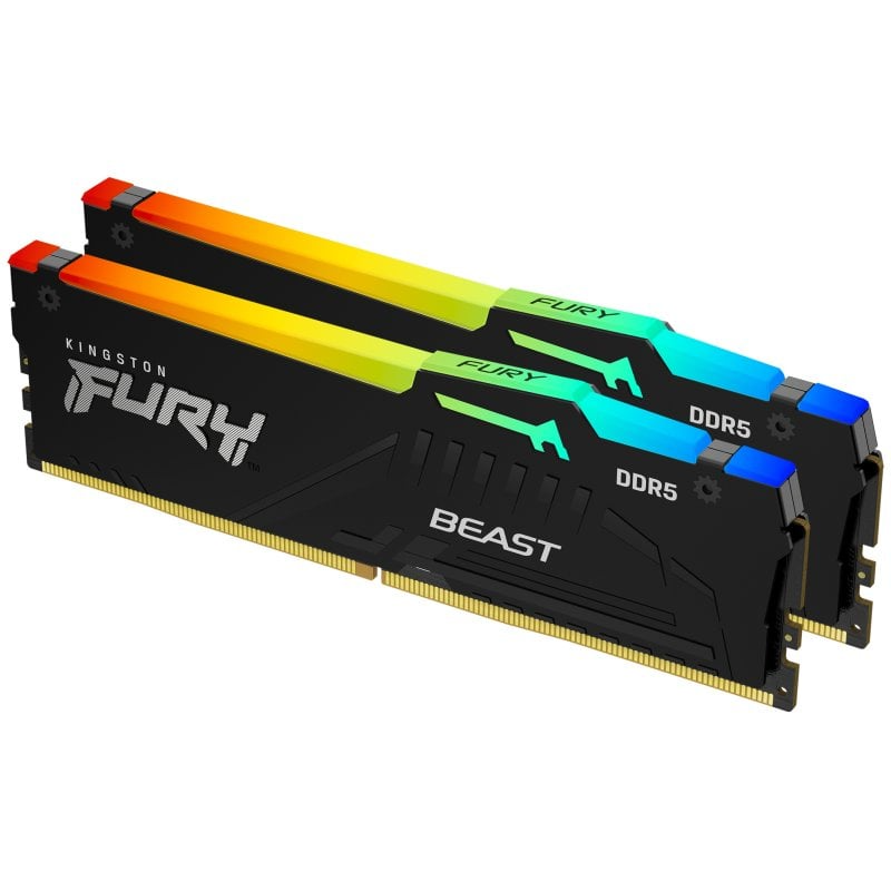 Duas memórias RAM Kingston Fury Beast DDR5 com dissipadores pretos e luzes RGB coloridas