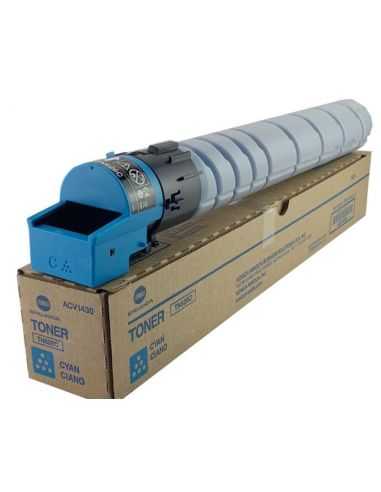 Toner de impressora com cilindro cinza claro e tampa azul em cima de caixa de cartão
