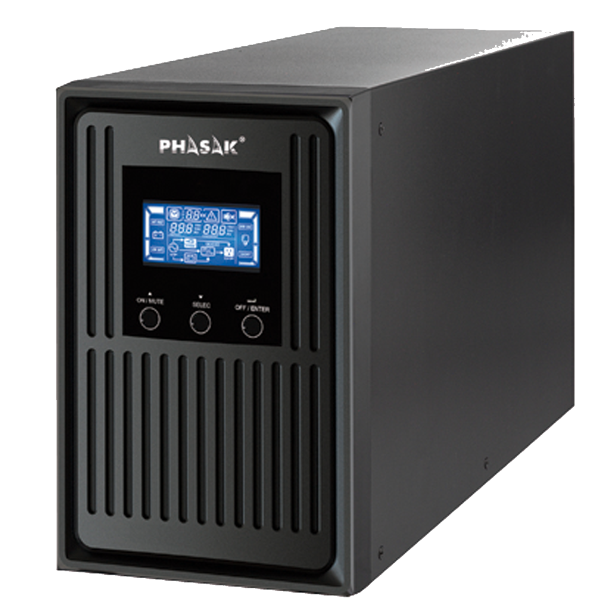 Computador preto PHASAK com ecrã azul e três botões na frente