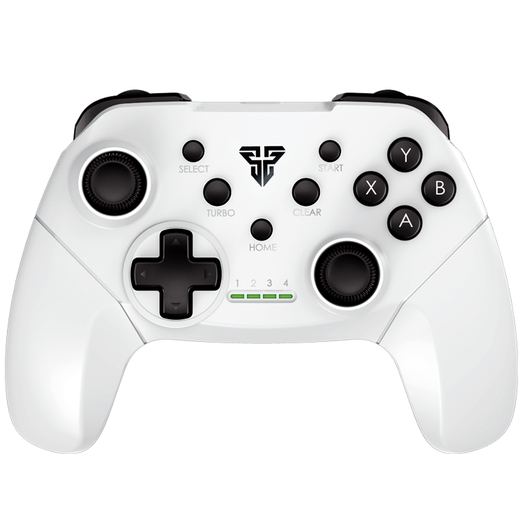 Comando de videojogos branco com botões pretos e texto em português