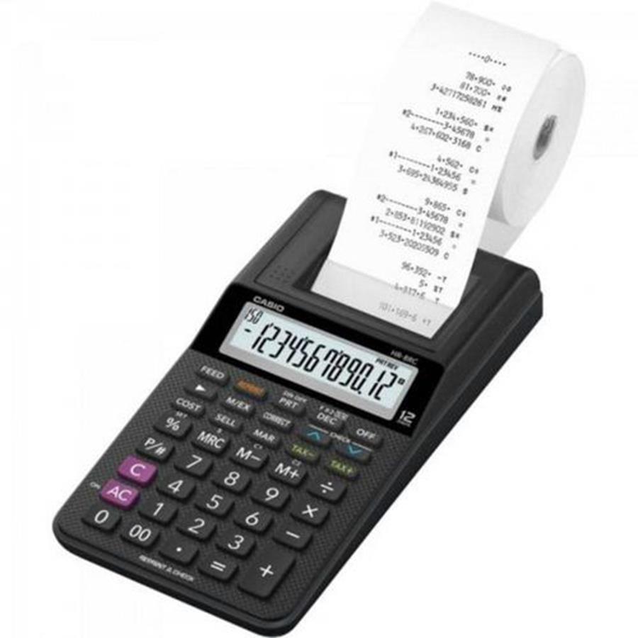 Calculadora de impressão preta CASIO HR-100TC com papel branco impresso