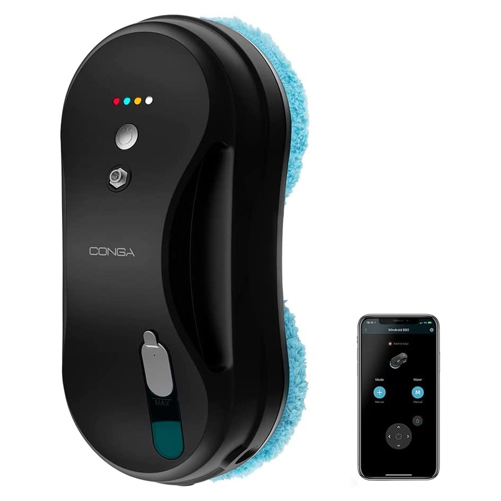 Robot limpa-vidros preto com escovas azuis e controlo via app móvel.