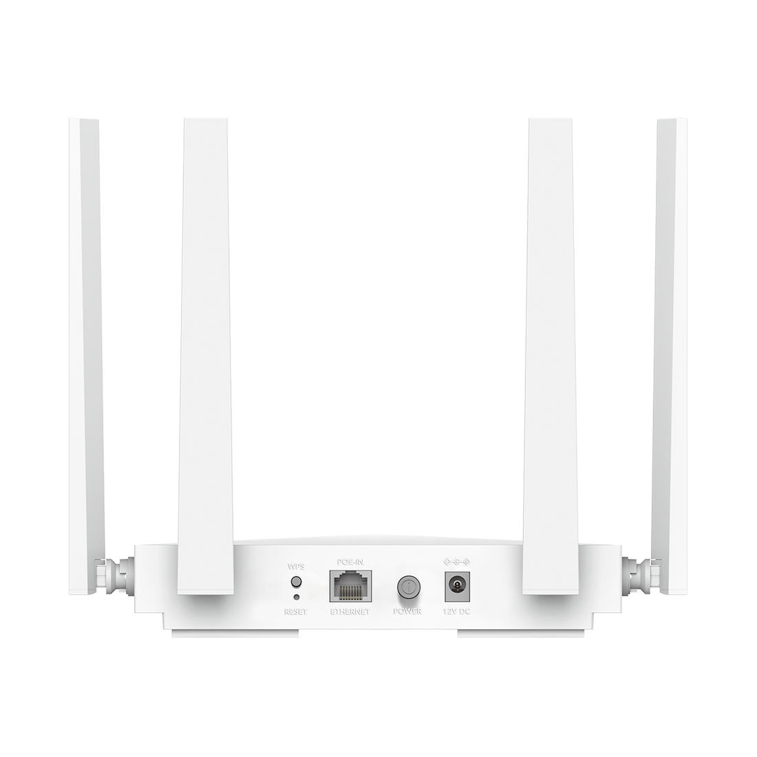 Roteador branco com quatro antenas verticais e várias portas na parte traseira.