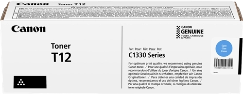 Cartucho de toner Canon T12 para série C1330, embalagem branca com selo azul e texto preto