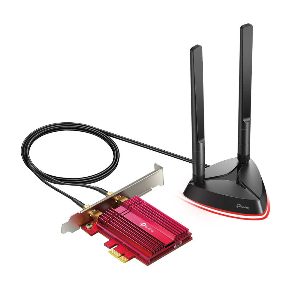 Placa de rede TP-Link PCIe vermelha com duas antenas pretas