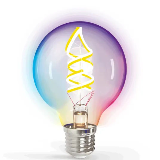 Lâmpada LED decorativa com bulbo colorido e filamento em espiral amarelo