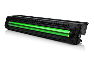 Cartucho de tóner preto com cilindro verde em fundo branco