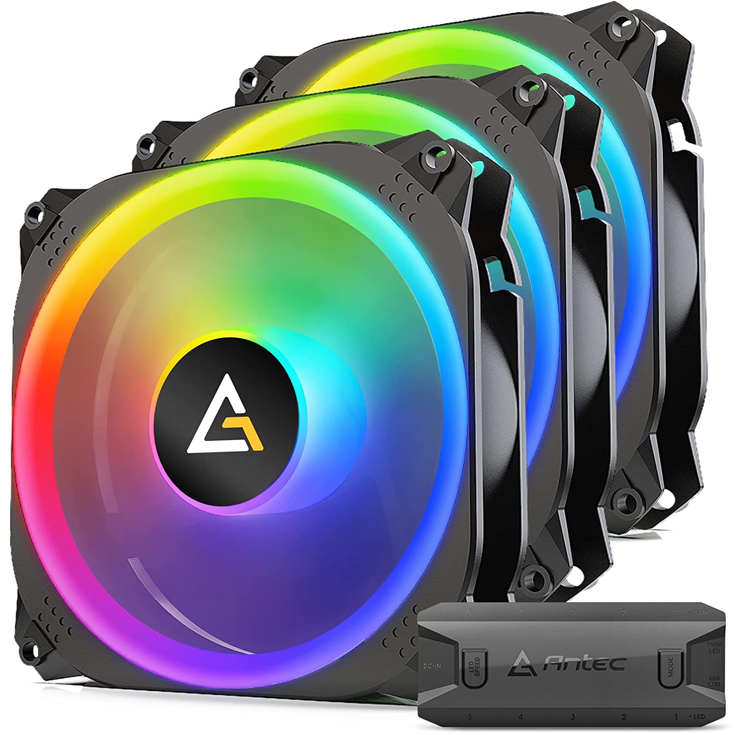 Três ventoinhas RGB para computador e controlador Antec preto