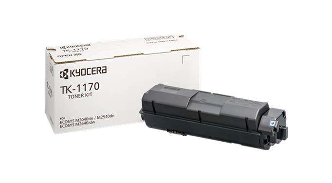 Kit de toner Kyocera TK-1170 com toner preto ao lado da caixa branca