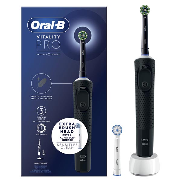 Escova de dentes elétrica Oral-B Vitality Pro preta com cabeça extra e embalagem azul