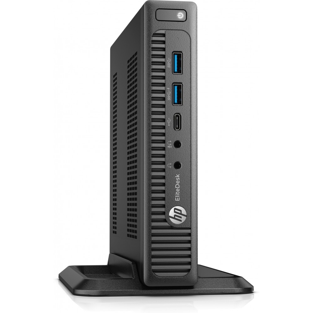 Computador compacto preto HP EliteDesk em pé com portas USB frontais
