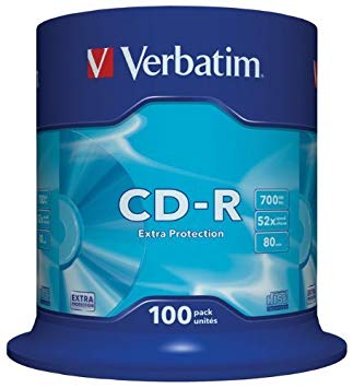 Embalagem de 100 CD-R Verbatim azul e transparente