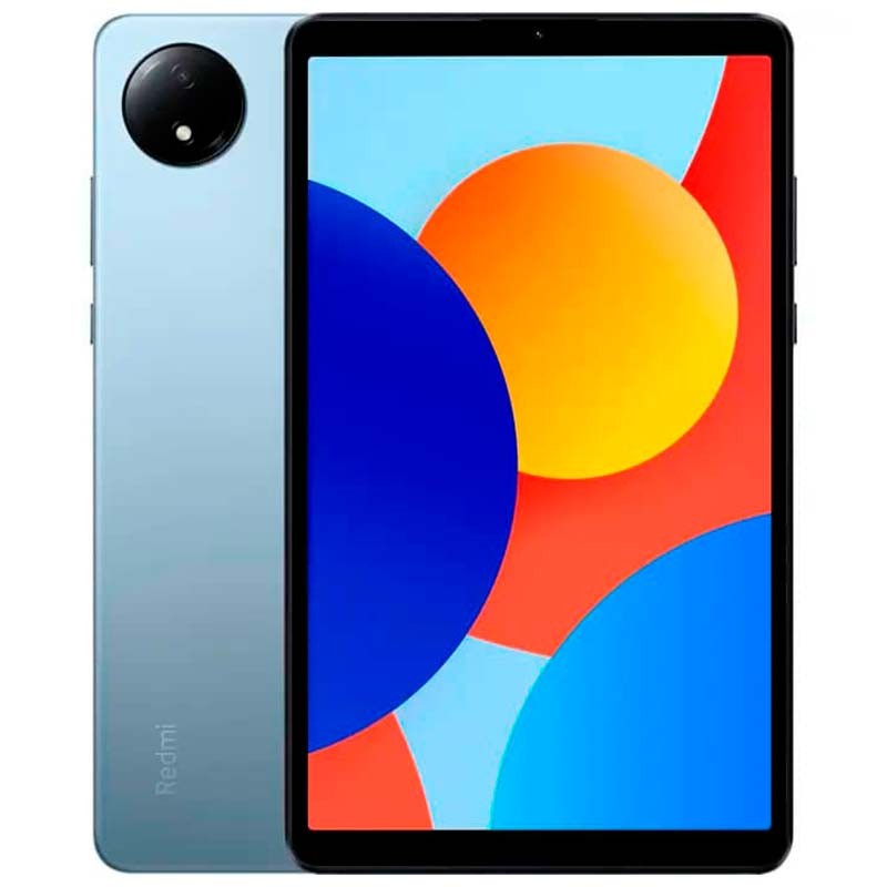 Tablet cinza claro com ecrã colorido e design com círculos