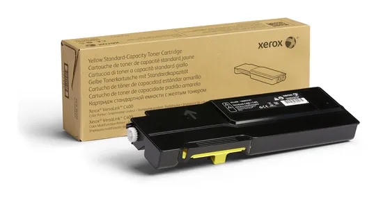 Cartucho de toner Xerox amarelo com embalagem castanha e texto multilingue