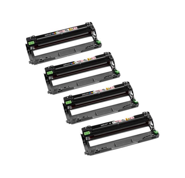 Quatro tambores para impressora cinzentos e pretos com detalhes verdes