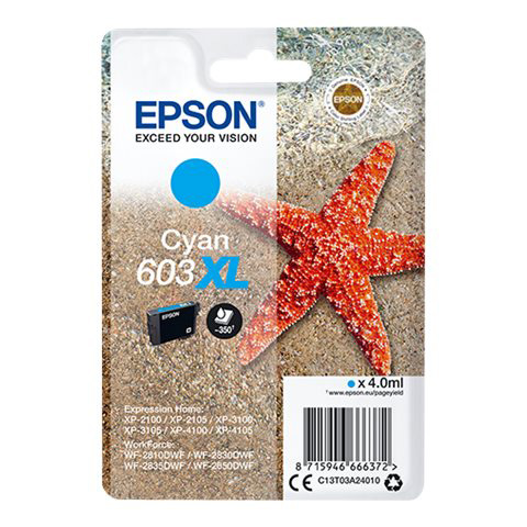 Embalagem de tinteiro Epson Cyan 603 XL com estrela-do-mar e areia